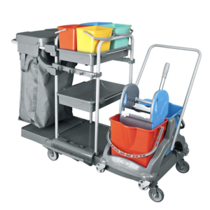 CHARIOT DE NETTOYAGE GRAND FORMAT EN PP AVEC 4 ROUES 2 SEAUX 18L (BLEU ET ROUGE) + 4 SEAUX 5L